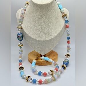 Vintage Pastel Mixed Gemstone Glass Ceramic Cloisonne Necklace and Bracelet Set